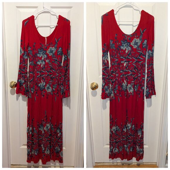 Free People Size Small Red Floral Long Bell Sleeve Maxi Dress - Picture 2 of 7